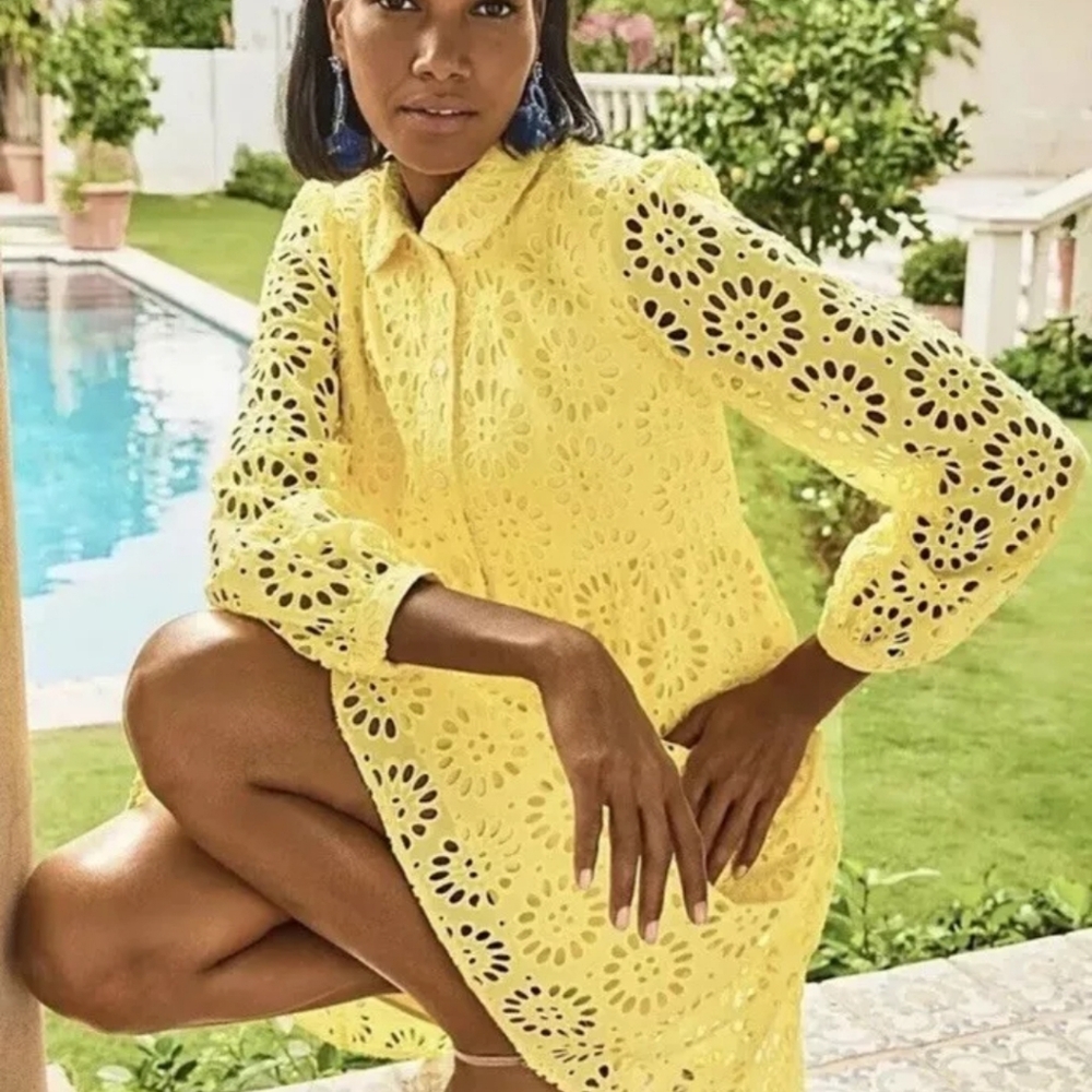 Lilly Pulitzer Kenna Shirtdress Oversize Pinwheel Eyelet Resort Yellow Size 6 - Picture 11 of 11